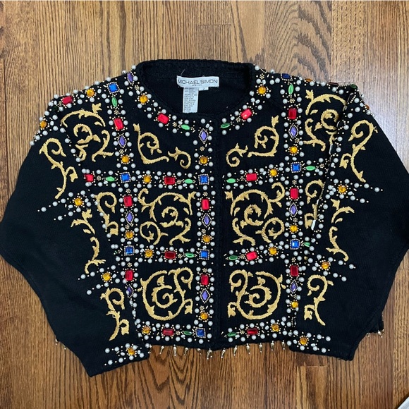 Michael Simon Vintage Embelished Cropped Sweater Cardigan Regal Black Size 2 - Picture 1 of 12